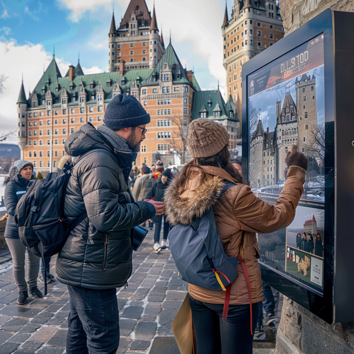  Prompt: AI system monitoring and analyzing tourist flow in Old Quebec city using CCTV, enhancing security and experience. Ultra realistic photography. --style raw --v 6.0